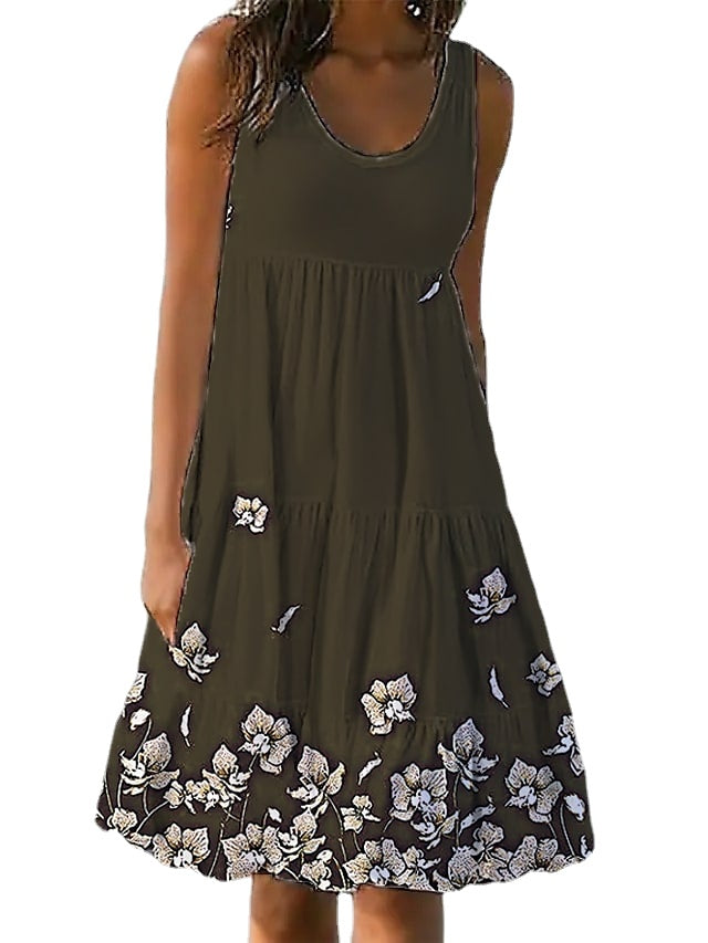 Women's Sleeveless Solid Color Ruched Round Neck Casual Beach Vacation Dress