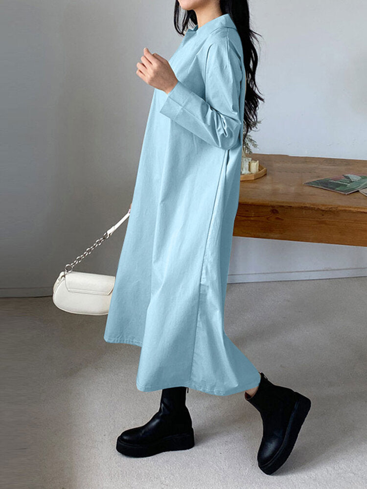 Solid Long Sleeve Lapel Casual Shirt Dress For Women