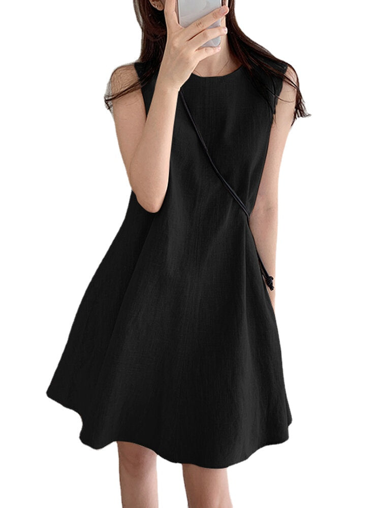 Women Cotton Solid Color Round Neck Sleeveless Casual Midi Dress