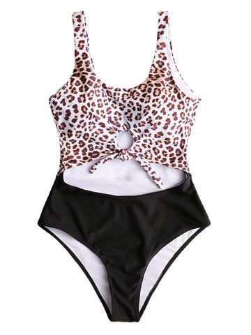 Women Tie Front Cut Out Swimwear Leopard Patchwork One Piece