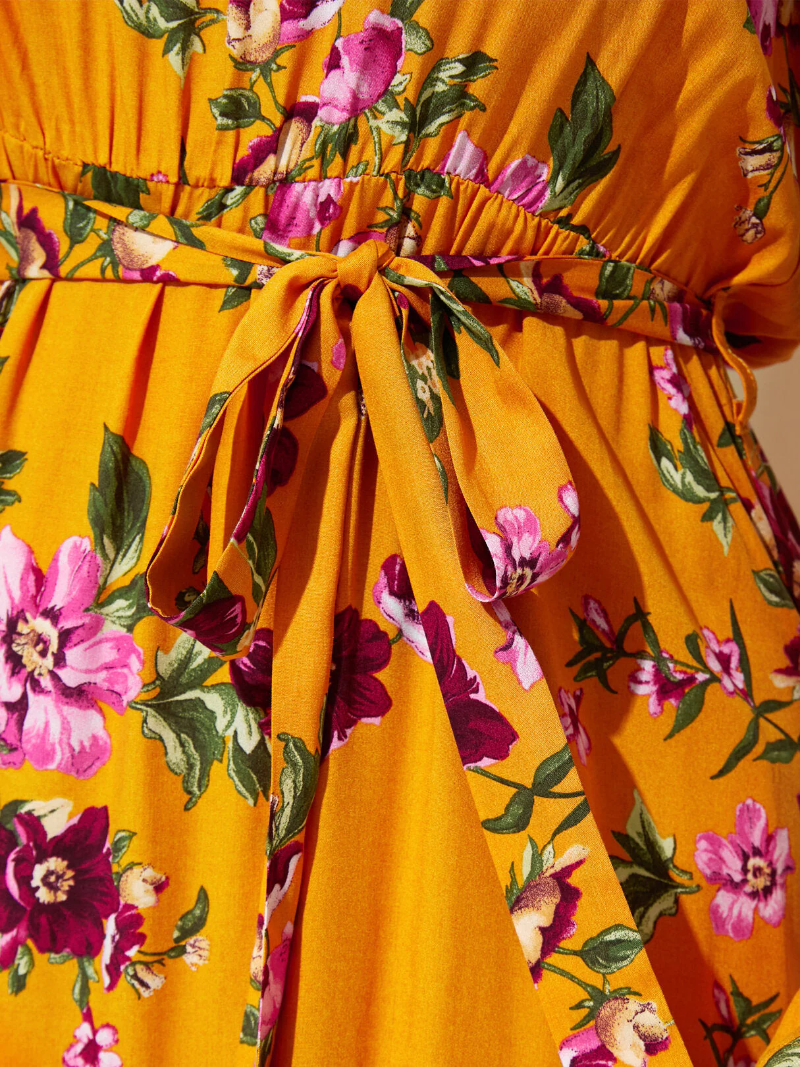 Plus Size V-neck Floral Print Belt Design Long Sleeves Dress