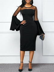 Women Solid Color Stitching Bell Sleeve Party Bodycon Midi Dress