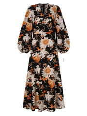 Women Flowers Print V-Neck Lantern Sleeve A-Line Casual Holiday Maxi Dress