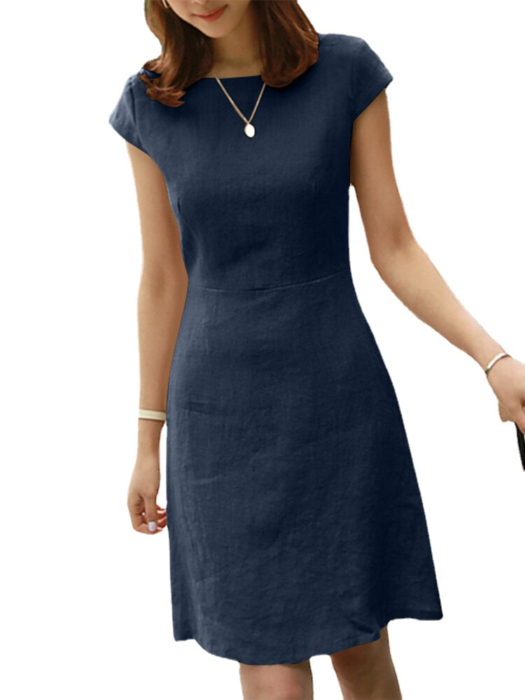 Invisible Zip Solid Short Sleeve Crew Neck Casual Dress