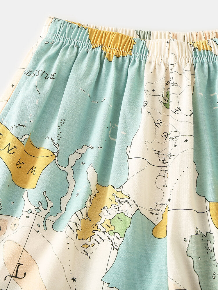 Women World Map Print Round Neck Elastic Waist Jogger Pants Home Pajamas Set