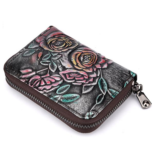 Women Vintage Casual Floral Genuine Leather Card Holder Coin Purse Wallet