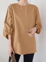 Solid Crew Neck Loose 3/4 Sleeve Casual Blouse