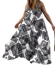 Geometry Print Backless Sleeveless V Neck Spaghetti Maxi Dress