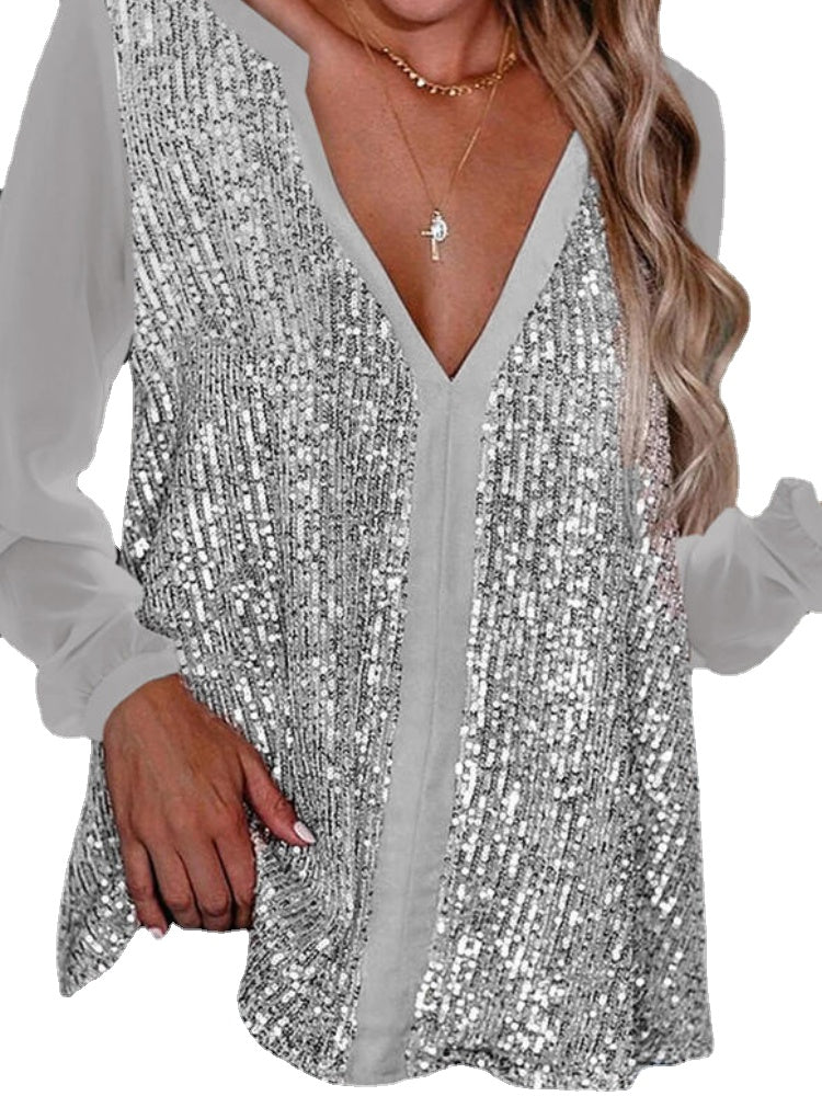 Women Sequins Patchwork V-Neck Long Sleeve Stylish Blouse