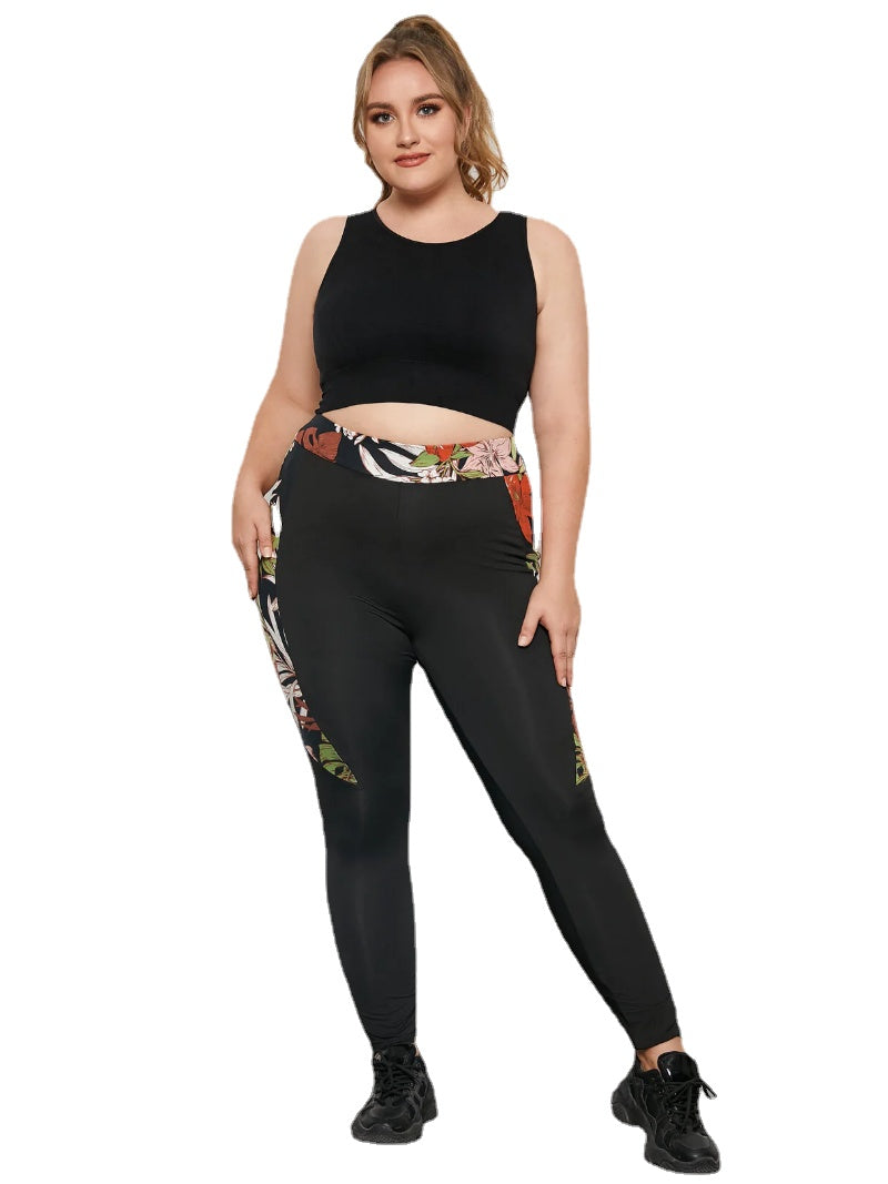 Plus Size Floral Print Patchwork Leggings