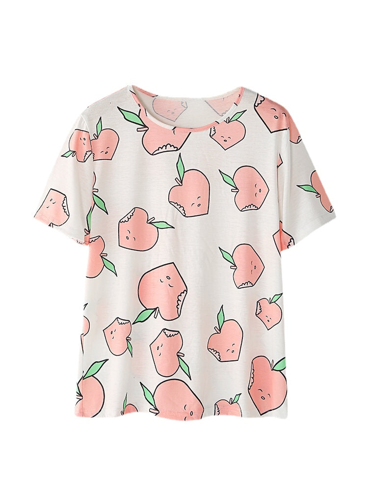 Women Cartoon Peach Print Short Sleeve Elastic Waist Home Casual Pajama Set