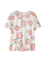 Women Cartoon Peach Print Short Sleeve Elastic Waist Home Casual Pajama Set