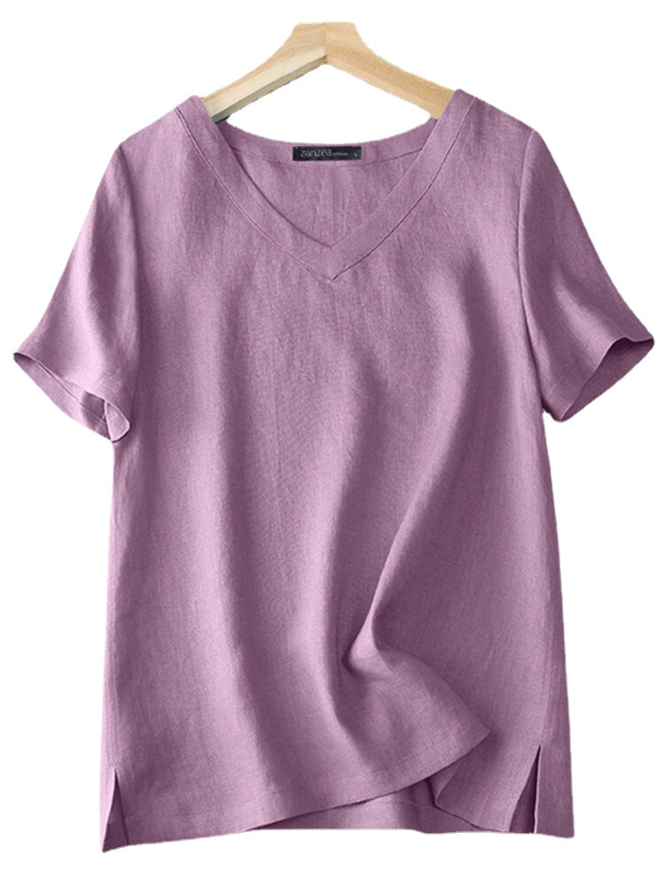 Cotton Solid Split V Neck Short Sleeve Casual Blouse