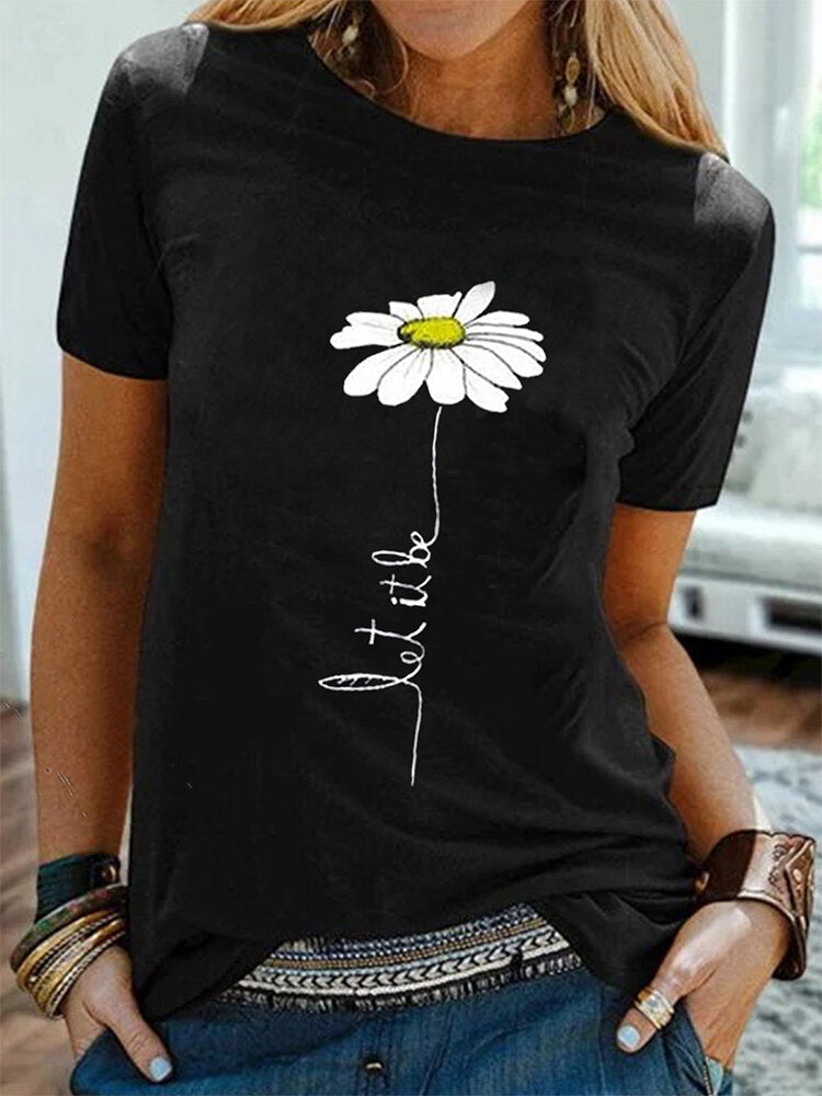 Women Daisy Embroidery Round Neck Casual Short Sleeve T-Shirts