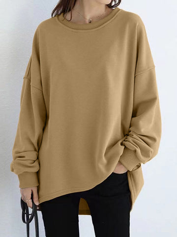 Women Loose Thick Back Fork High Low Solid Casual Pullover Sweatshirt