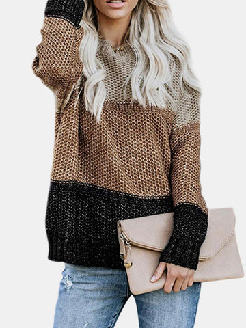 Women Contrast Color Patchwork Round Neck Long Sleeve Knitted Casual Sweater
