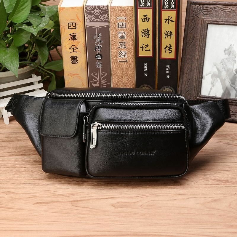 Men Genuine Leather Multifunction Front Flap-Over Zipper Pocket Chest Bag Retro Large Capacity Casual Crossbody Bags Shoulder