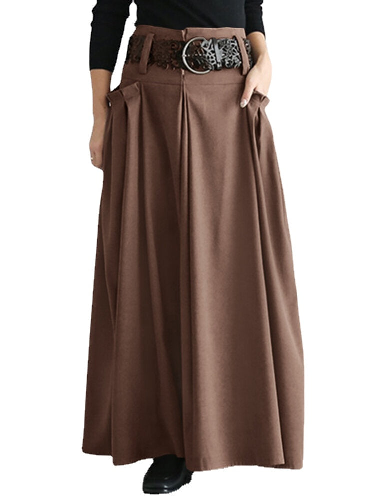 Women Solid Side Pockets Lace-Up Party A-Line Skirt with Back Zipper