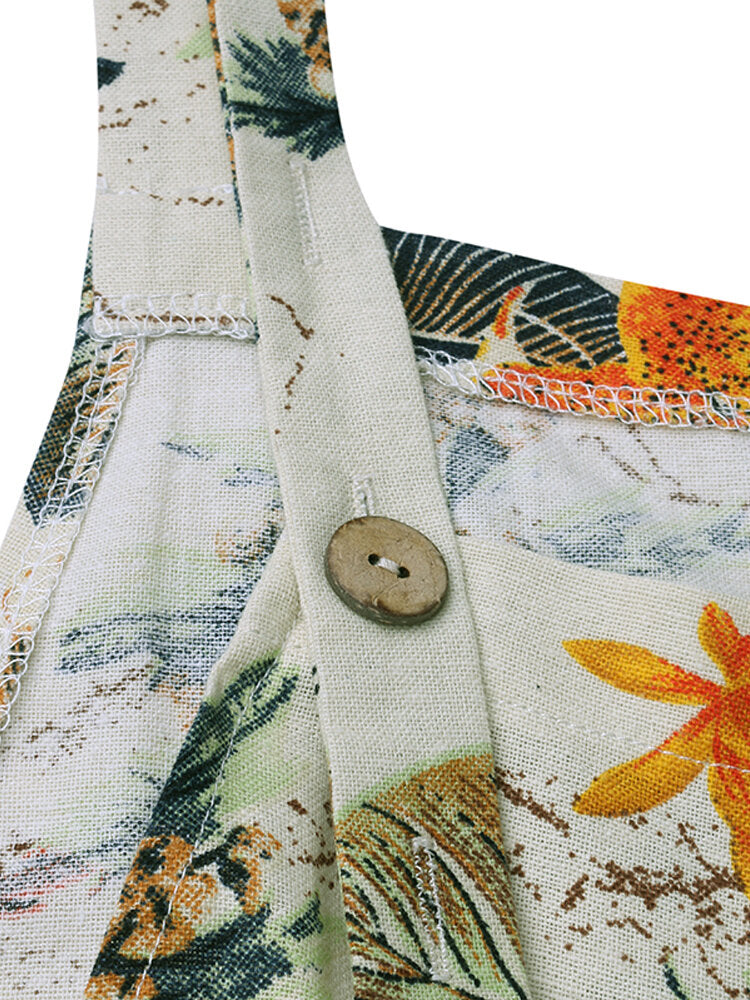 Women Vintage Sleeveless Button Floral Side Pocket Overalls Loose Printing Jumpsuits