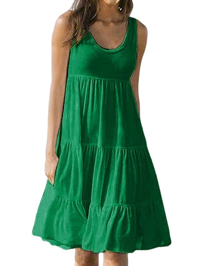 Women's Sleeveless Solid Color Ruched Round Neck Casual Beach Vacation Dress