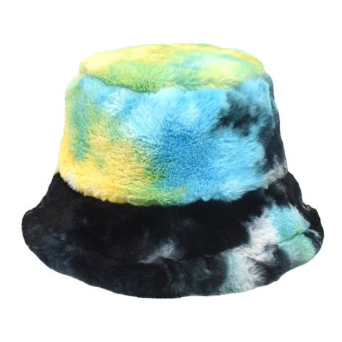 Unisex Faux Rabbit Fur Colorful Gradient Tie-dye Bucket Hat Winter Thicken Warmth Windproof Fashion Sunshade Hat