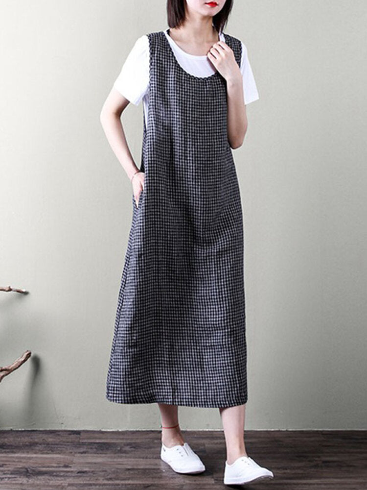 Women Sleeveless Plaid Loose Casual Mid-long Tank Dress