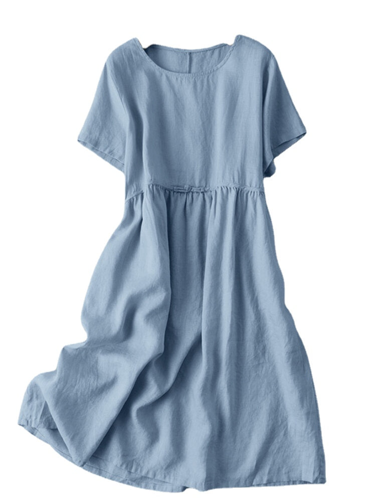 Solid Ruched Round Neck Short Sleeve Casual Cotton Midi Dress