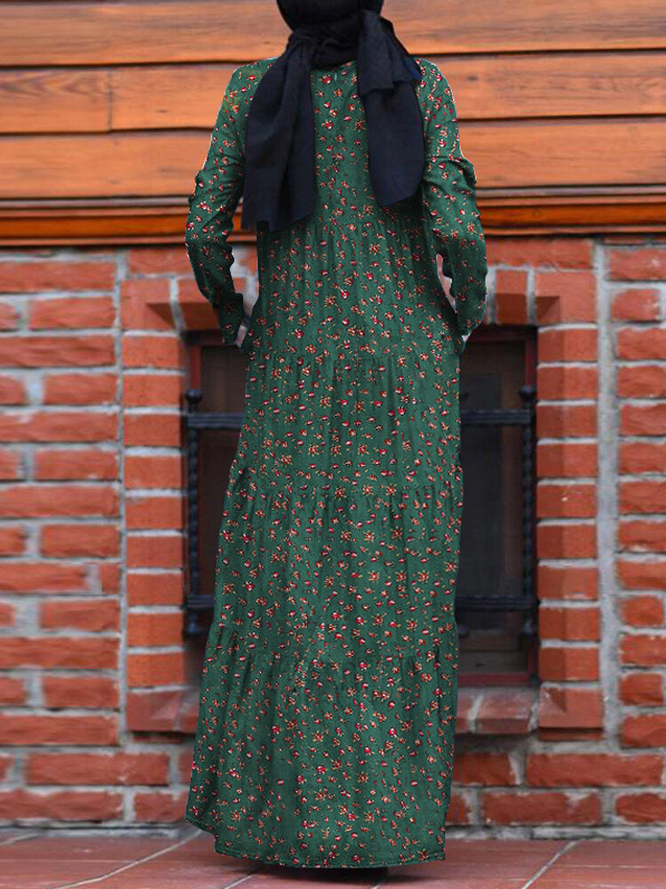 Women Floral Print O-Neck Retro Casual Long Sleeve Layered Dress With Side Pockets