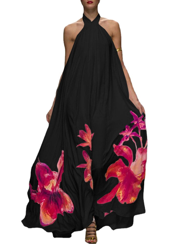 Women Holiday Floral Print Hanging Neck Loose Stylish Halter Maxi Dress