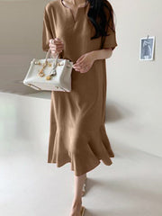 Cotton Solid Ruffle Short Sleeve Casual Midi Dress