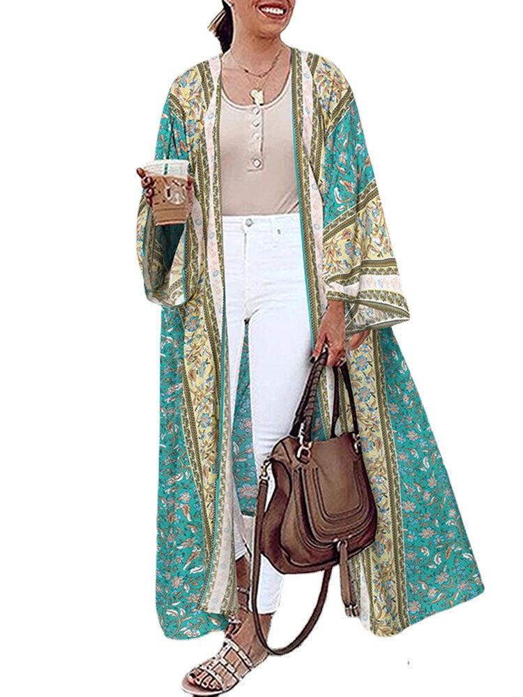 Bohemian Floral Print Loose Open Front Long Sleeve Cardigan