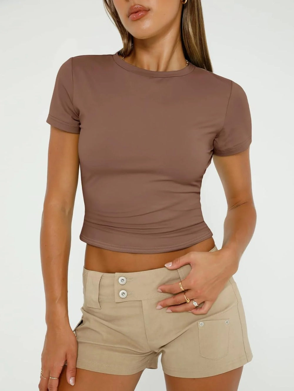 Womens Basic T-Shirts Scoop Neck Short Sleeve Crop Tops Cute Summer Tops Slim Fit Tees