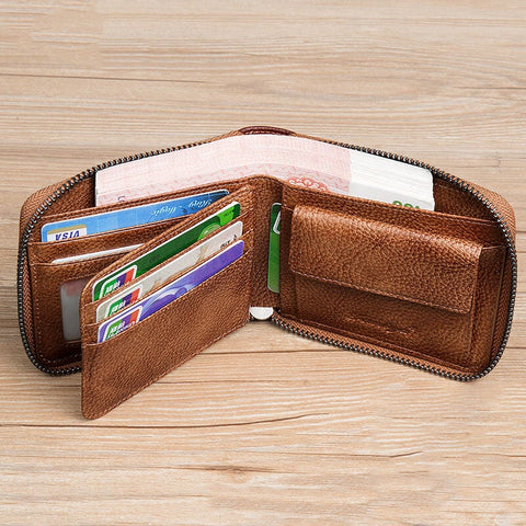 Men First Layer Cowhide RFID Anti-magnetic Zipper Wallet Short Bifold 7 Card Slot Case Driver License