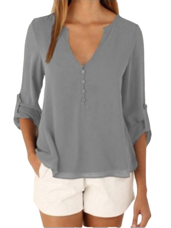 Chiffon Buttons V-Neck Irregular Hem Adjustable Sleeves Solid Causal Blouse