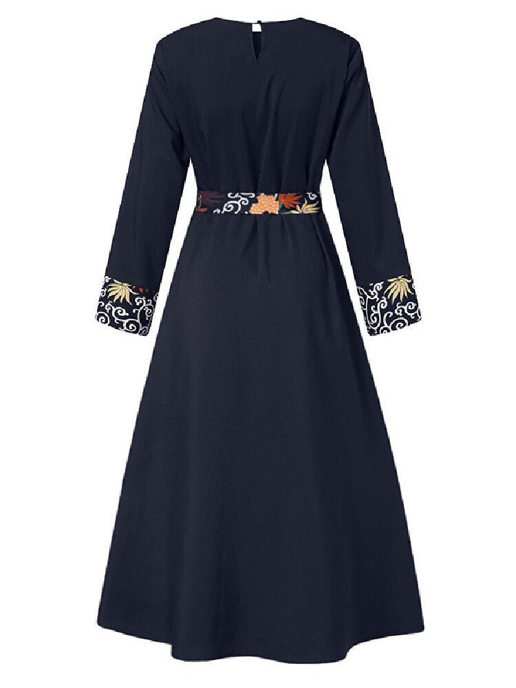 Women Floral Print Patchwork Lace-Up Big Swing Long Sleeve Casual Maxi Dress