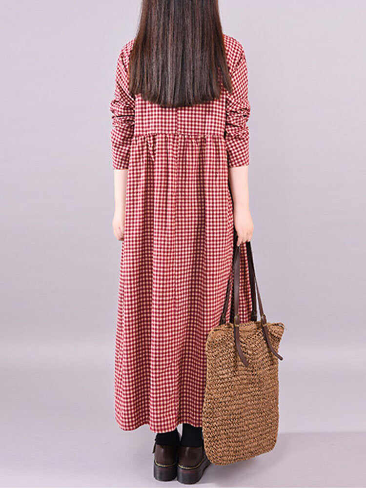 Vintage Women Cotton Plaid Casual Long Maxi Shirt Dress