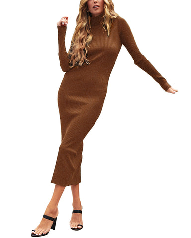 Women Turtleneck Bodycon Long Sleeve Knit Solid Sweater Dress