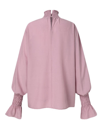 Plus Size Women High Neck Shirred Detail Long Sleeve Casual Blouses