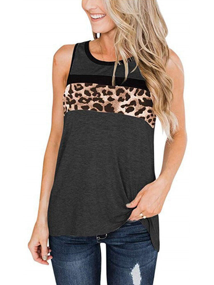 Women Sleeveless Leopard Print O-neck Casual Tank Tops