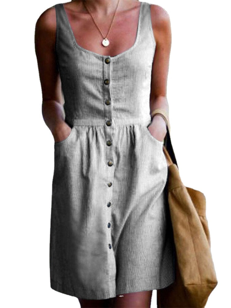 Stripe Button Pocket Sleeveless Casual Midi Dress