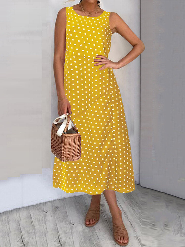 Polka Dot Print O-neck Sleeveless Loose Summer Casual Maxi Dress