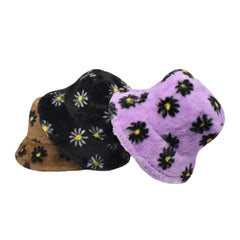 Women Lamb Hair Soft Warm Plus Thicken Casual All-match Cute Daisy Flower Pattern Bucket Hat