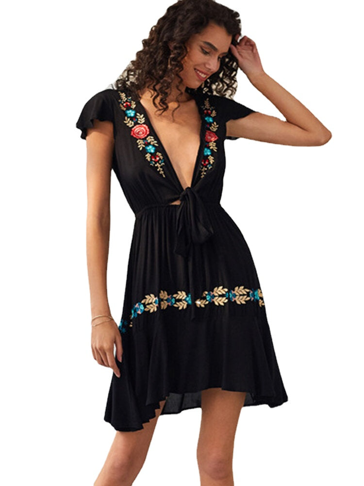 Women Floral Embroidered Bandage V-Neck Bohemian Ethnic Slim Dress