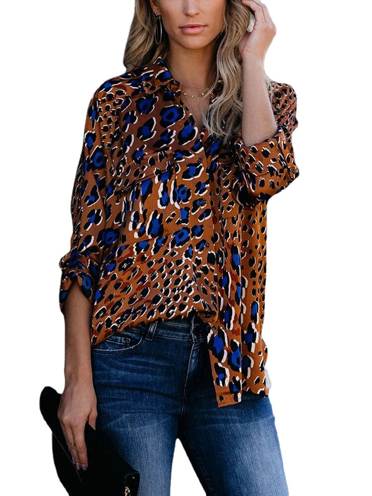 Women Vintage Leopard Print Pockets Turn Dowm Collar Long Sleeve Shirts