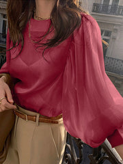 Women Puff Sleeve Back Button Spliced Solid Color Narrow Cuff Casual Blouses