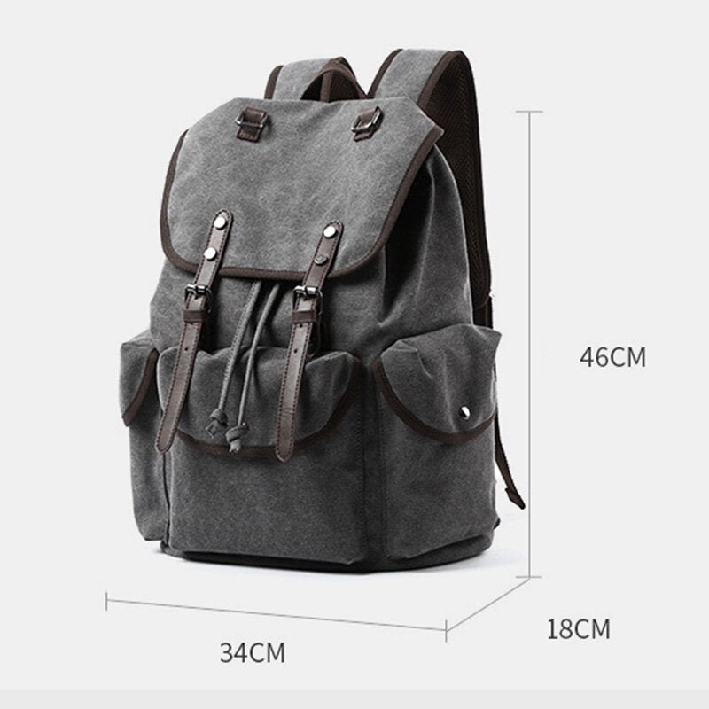 Men Washed Canvas Thickened Shoulder Strap Design Breathable Backpack Retro Casual 15.6 Inch Laptop Bag Drawstring Hasp