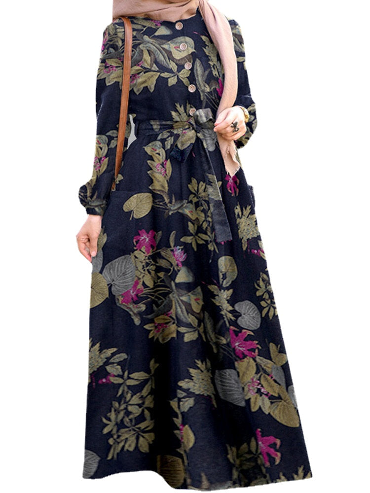 Women Cotton Floral Print Puff Sleeve Pleated Side Pockets Loose Robe Vintage Maxi Dress