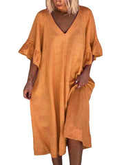 Women V-Neck Solid Color Loose Short Sleeve Dresses