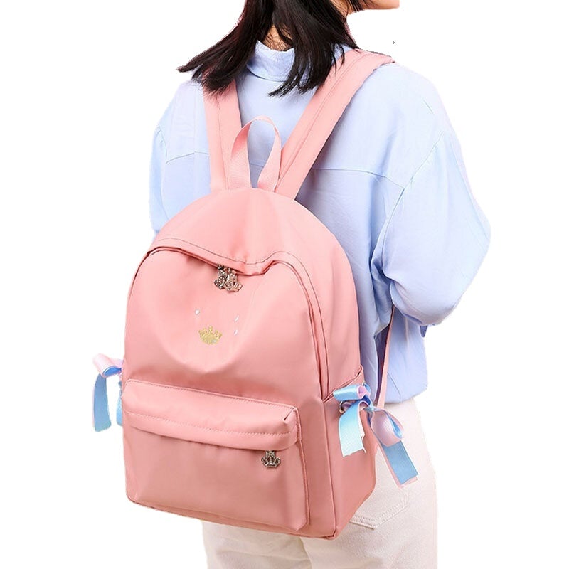 Women Oxford Color Gradient Earphone Hole BowKnot Casual Studeng Bag Backpack