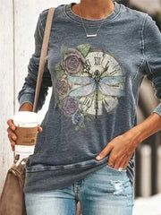 Women Dragonfly Print Long Sleeve Vintage T-shirts